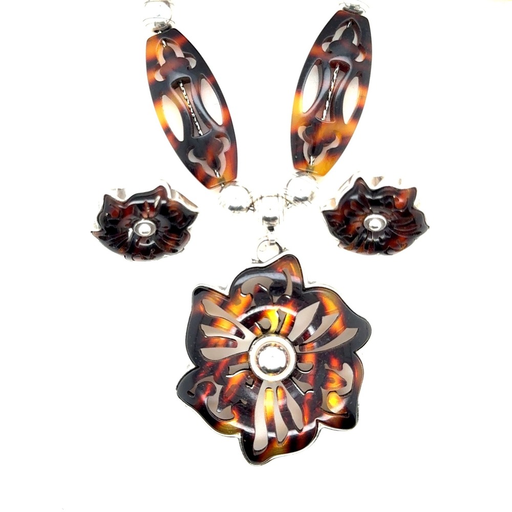 Brighton Tortoiseshell Floral Pendant Necklace and Stud Earrings Jewelry Set